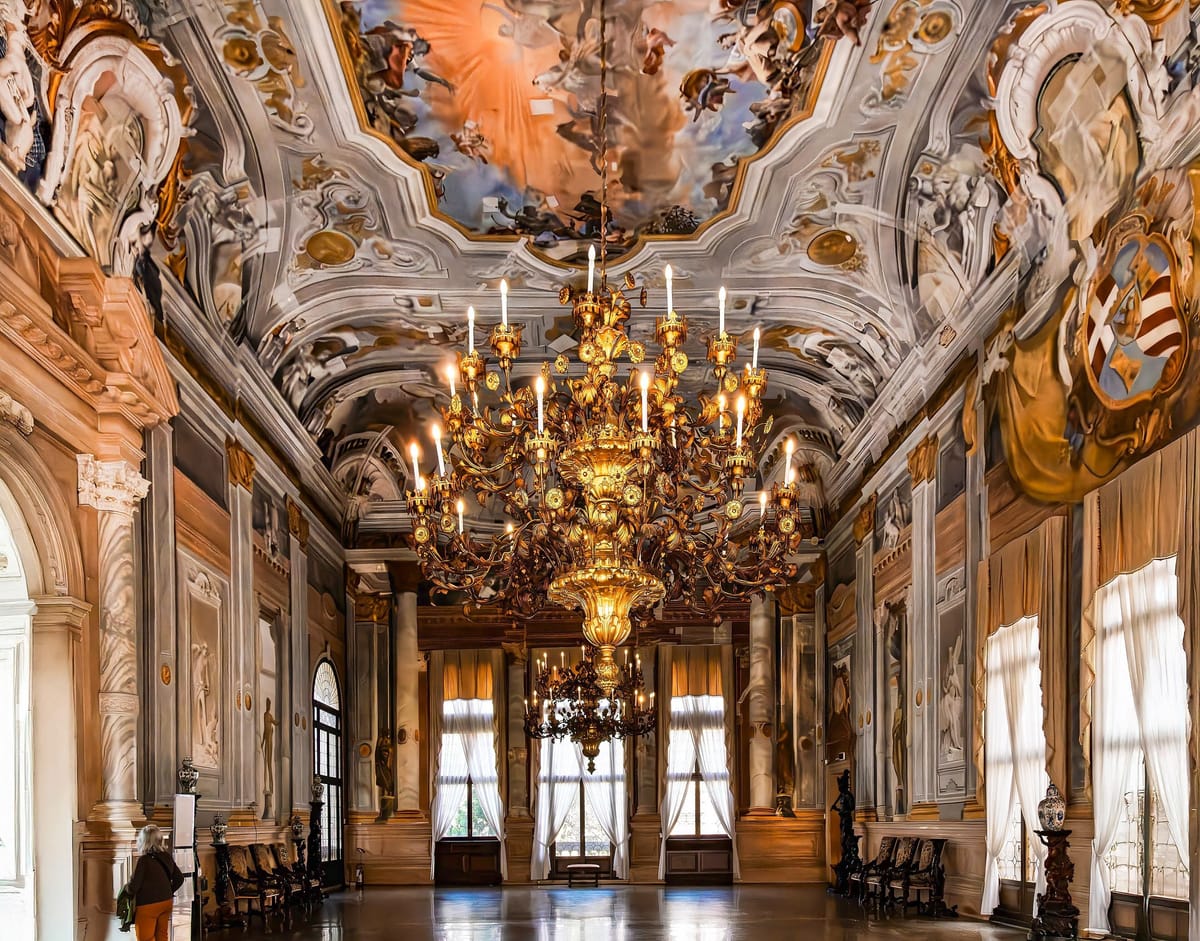 Une grande salle de bal vénitienne, vide, au plafond peint de fresques et aux murs ornés de trompe-l’œil, éclairée par un immense lustre doré en bois sculpté et des fenêtres voilées de rideaux blancs.